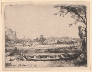 Csatorna egy nagy csónakkal és egy híddal alkotó: Rembrandt van Rijn