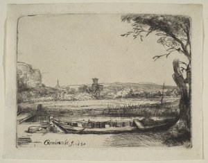 Csatorna egy nagy csónakkal és egy híddal, 1650. alkotó: Rembrandt van Rijn