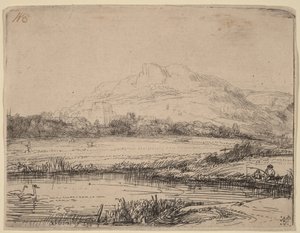 Csatorna egy horgásszal és két hattyúval alkotó: Rembrandt van Rijn