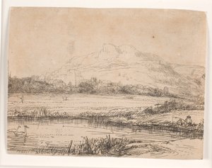 Csatorna egy horgásszal és két hattyúval alkotó: Rembrandt van Rijn