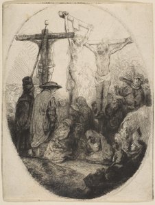 Két tolvaj között keresztre feszített Krisztus, ovális lemez, kb. 1641. alkotó: Rembrandt van Rijn