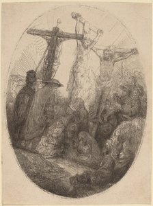 Megfeszített Krisztus a két tolvaj között: egy ovális tányér alkotó: Rembrandt van Rijn