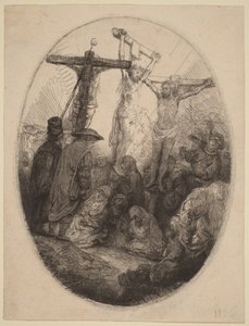 A két tolvaj között keresztre feszített Krisztus: ovális tál alkotó: Rembrandt van Rijn