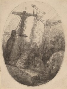 Megfeszített Krisztus a két tolvaj között: egy ovális tányér, c. 1641. alkotó: Rembrandt van Rijn