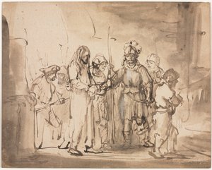 Krisztust Kajafás elé vitték alkotó: Rembrandt van Rijn
