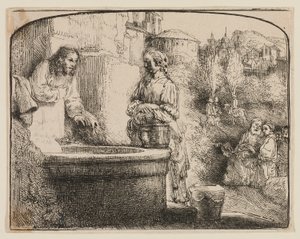 Krisztus és a szamáriai asszony: íves lenyomatKrisztus és a szamáriai asszony: íves lenyomat alkotó: Rembrandt van Rijn