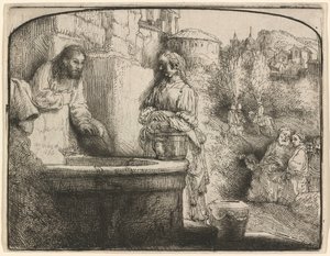 Krisztus és a samáriai asszony: íves nyomat alkotó: Rembrandt van Rijn