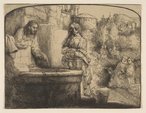 Krisztus és a szamáriai asszony: íves lenyomat, 1658. alkotó: Rembrandt van Rijn