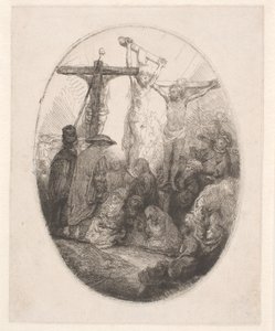 A két tolvaj között keresztre feszített Krisztus: ovális tábla alkotó: Rembrandt van Rijn