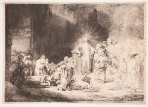 Krisztus a betegek körében, miközben kisgyermekeket fogad magához (a „Száz guldenes metszet”) alkotó: Rembrandt van Rijn