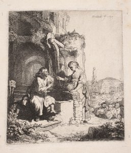 Krisztus és a szamaritánus asszony a romok között (függőleges metszet) alkotó: Rembrandt van Rijn