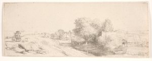 A „Tájkép tejárussal” című mű próbanyomata alkotó: Rembrandt van Rijn
