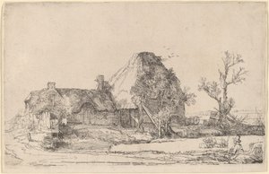 Víkendházak és gazdasági épületek egy ember vázlatával alkotó: Rembrandt van Rijn