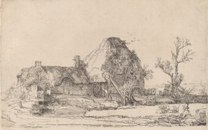 Víkendházak és gazdasági épületek egy férfi vázlatrajzával, c. 1645. alkotó: Rembrandt van Rijn
