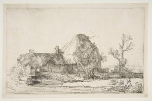 Víkendházak és gazdasági épületek egy ember vázlatával, kb. 1645. alkotó: Rembrandt van Rijn