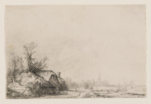 Csatorna melletti nyaralók, templommal és vitorlással alkotó: Rembrandt van Rijn