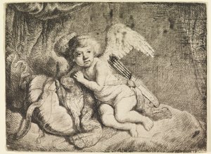 Ámor pihen, egy korábban Rembrandtnak tulajdonított festmény után alkotó: Rembrandt van Rijn