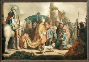 Dávid letérdel Saul előtt Góliát fejével alkotó: Rembrandt van Rijn