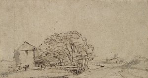 Út melletti gazdasági épület távoli tanyával, 1650-69 (toll és barna tinta szürke mosással a papíron) alkotó: Rembrandt van Rijn