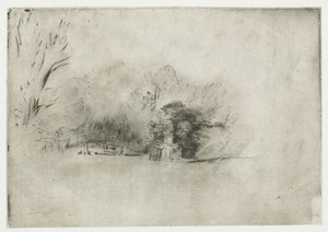 Parasztház fák között Facsomó kilátással alkotó: Rembrandt van Rijn