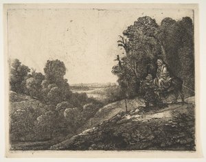 Repülés Egyiptomba: Hercules Segers Tóbiásból és az angyalból módosította, kb. 1653. alkotó: Rembrandt van Rijn
