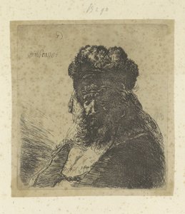 Szakállas öregember magas prémes sapkával, csukott szemmel Recueil de quatre-vingt-cinq estampes originales (sorozat címe) alkotó: Rembrandt van Rijn