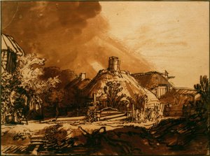 Házak a viharos ég alatt alkotó: Rembrandt van Rijn