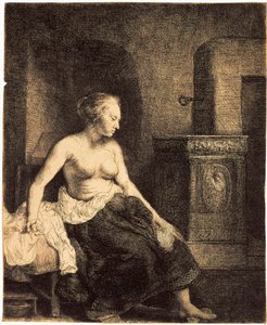 Félmeztelen nő a tűzhely mellett, 1658.