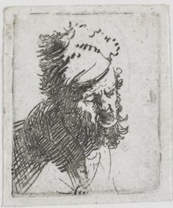 Egy szőrme sapkás férfi feje, aki kiált alkotó: Rembrandt van Rijn