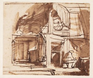 Belső egy kanyargós lépcsővel és egy ülő emberrel alkotó: Rembrandt van Rijn