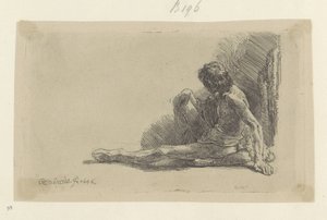Fiatal férfi ül a földön, egyik lábát kinyújtva Recueil de quatre-vingt-cinq estampes originales (sorozat címe) alkotó: Rembrandt van Rijn