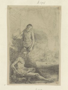 Fiatal férfi, ül és áll Recueil de quatre-vingt-cinq estampes originales (sorozat címe) alkotó: Rembrandt van Rijn