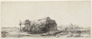 Tájkép parasztházakkal és szénapajtával alkotó: Rembrandt van Rijn