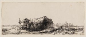 Táj nyaralóval és szénapajtával: Hosszúkás alkotó: Rembrandt van Rijn