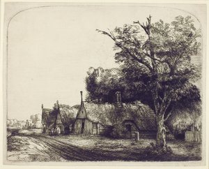 Táj nyeregtetős nyaralók az út mellett, 1650 (rézkarc és szárazhús papíron) alkotó: Rembrandt van Rijn
