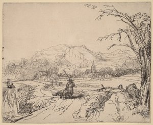 Tájkép sportolóval és kutyával alkotó: Rembrandt van Rijn