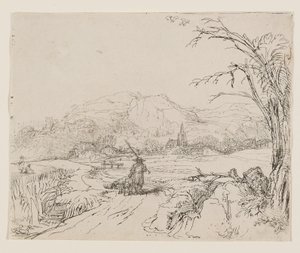 Tájkép sportolóval és kutyákkal alkotó: Rembrandt van Rijn