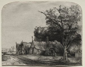 Táj három nyeregtetős nyaralóval egy út mellett alkotó: Rembrandt van Rijn