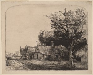 Tájkép három oromfalú házikóval az út mellett alkotó: Rembrandt van Rijn