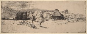 Tájkép fákkal, paraszti épületekkel és egy toronnyal alkotó: Rembrandt van Rijn