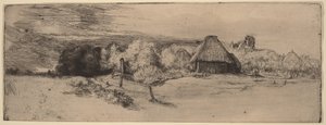 Tájkép fákkal, paraszti épületekkel és egy toronnyal alkotó: Rembrandt van Rijn