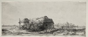 Táj kunyhóval és szénapajtával: Hosszúkás alkotó: Rembrandt van Rijn