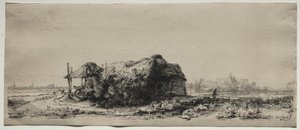 Táj kunyhóval és szénapajtával: Hosszúkás alkotó: Rembrandt van Rijn