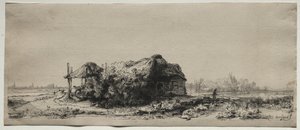 Táj kunyhóval és szénapajtával: Hosszúkás, 1641. alkotó: Rembrandt van Rijn