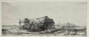 Táj kunyhóval és szénapajtával: Hosszúkás, 1641. alkotó: Rembrandt van Rijn