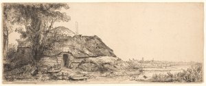 Táj egy kunyhóval és egy nagy fával alkotó: Rembrandt van Rijn