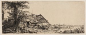 Táj egy kunyhóval és egy nagy fával alkotó: Rembrandt van Rijn