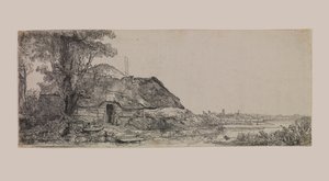 Táj egy kunyhóval és egy nagy fával alkotó: Rembrandt van Rijn