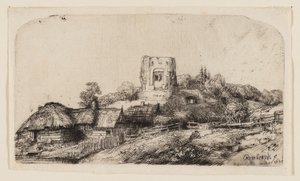 Táj egy négyzet alakú toronnyal alkotó: Rembrandt van Rijn