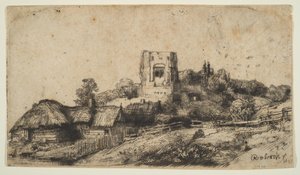 Táj négyszögletes toronnyal, 1650. alkotó: Rembrandt van Rijn